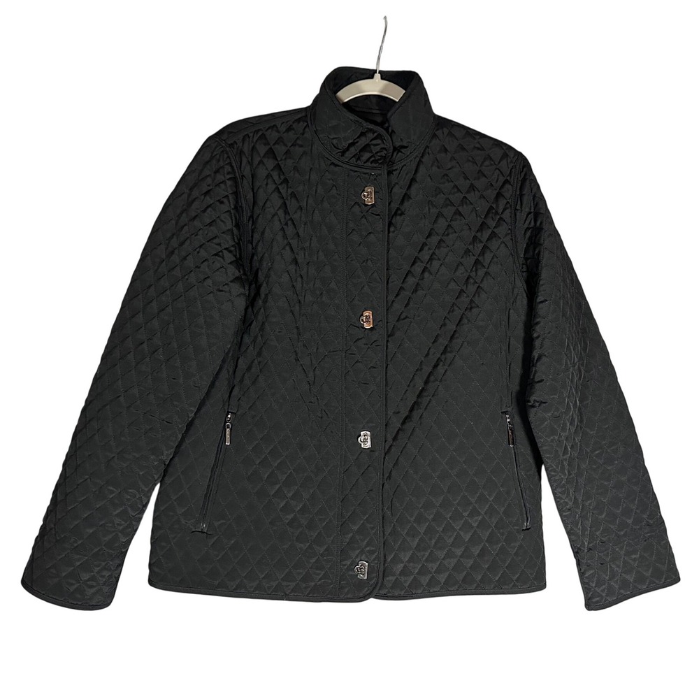 Andrew Marc Quilted Jacket Womens Sz M Black Button Down Outerwear Zip Pockets‎